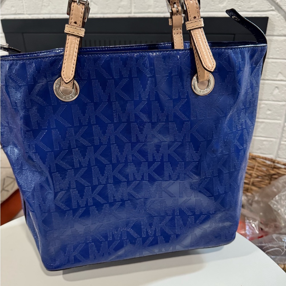 Michael Kors Glossy Blue Tote with Tan Handles